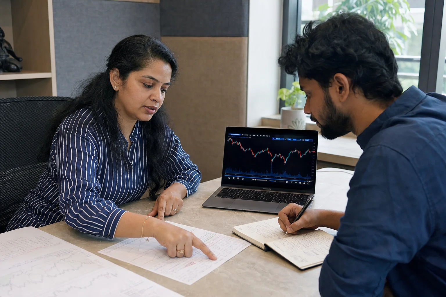 Indian woman mentor reviewing a simulated trade journal with an Indian learner