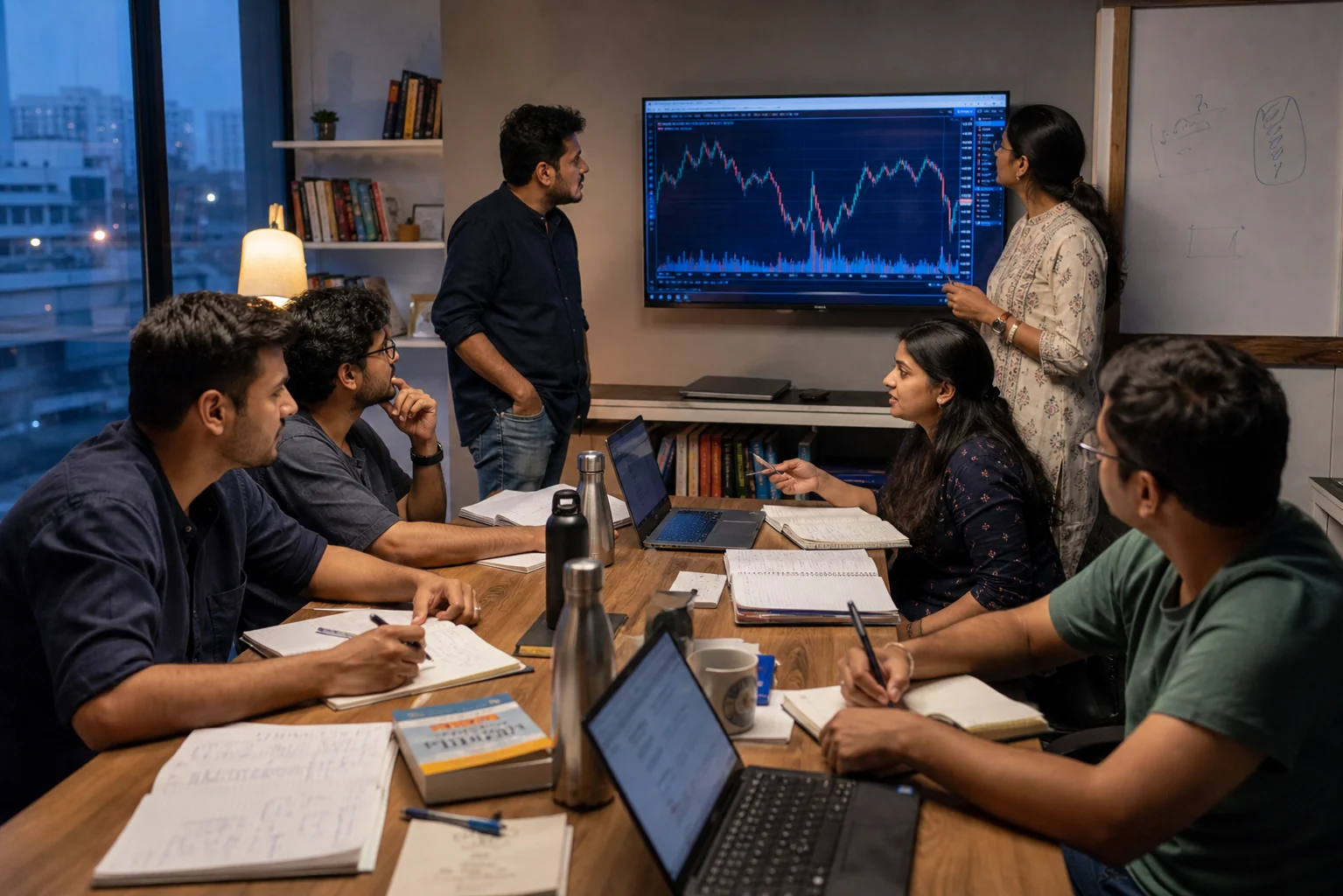 Indian academy learners conducting a collaborative simulated market review