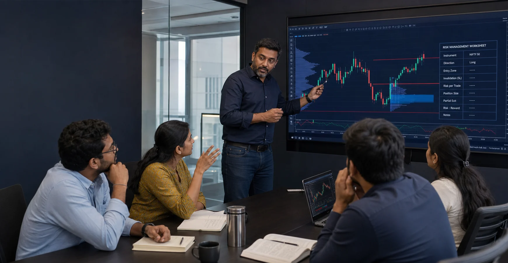 Indian market mentor teaching four Indian adult learners in a professional trading classroom